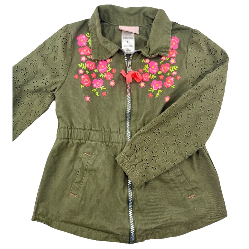 Little Lass Girls 5 Olive Eyelet Sleeve Floral‎ Zip Denim Jacket with Bow EUC